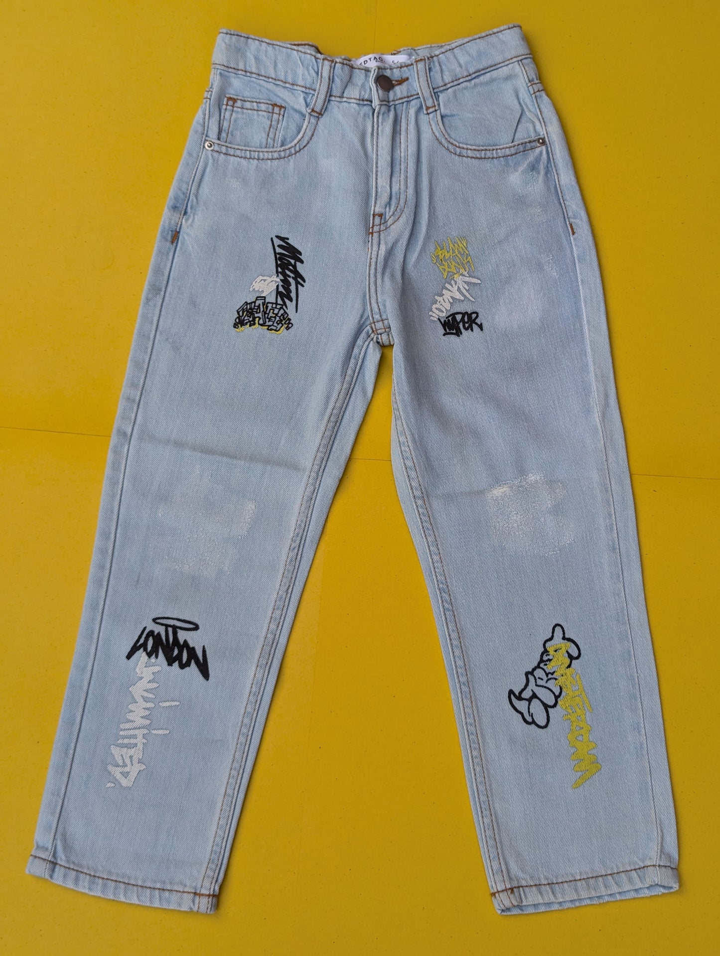 Blue Trousers with Drawings and Inscriptions 100% Cotton